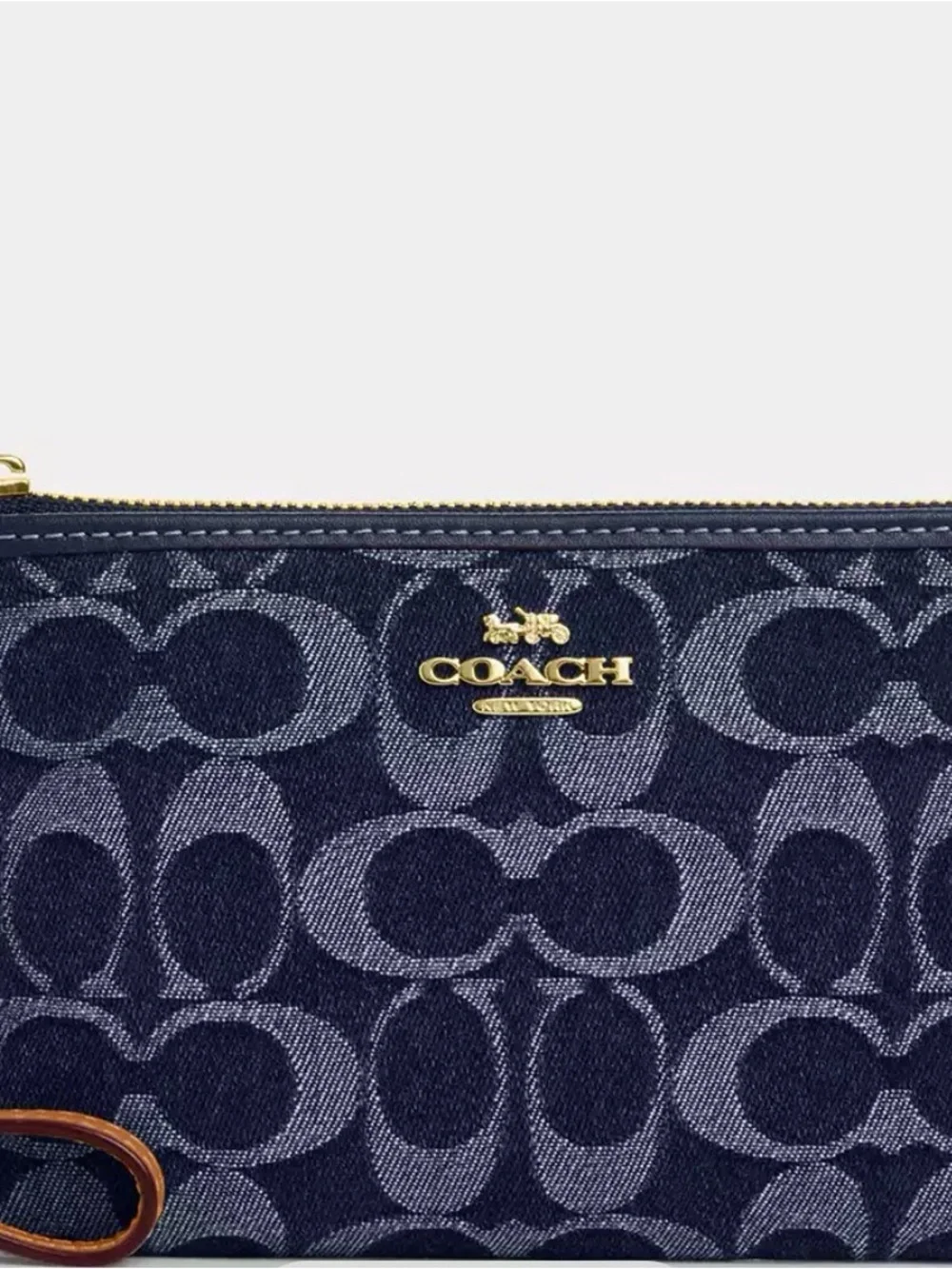 Coach Navy Blue Signature Denim Wristlet with Gold Logo